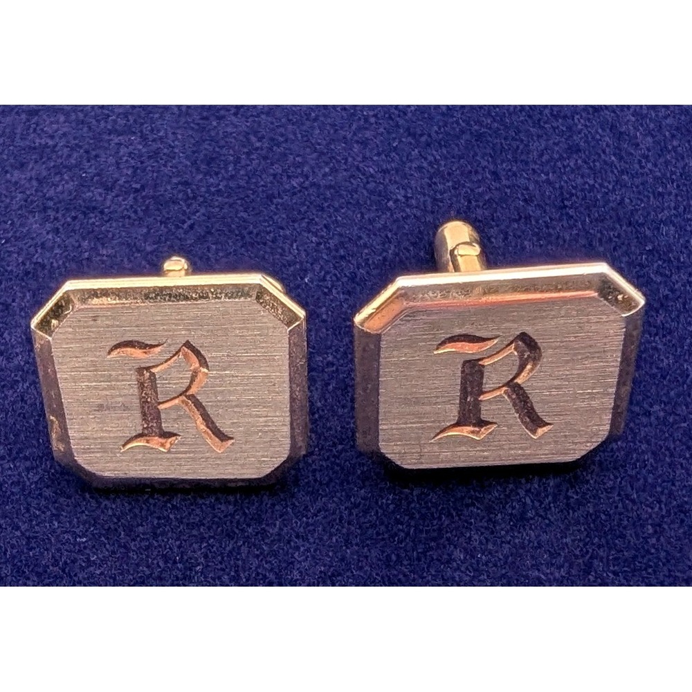 Vintage Swank Gold Tone Initial R Cufflinks Octagon Brushed Metal Mens Jewelry
